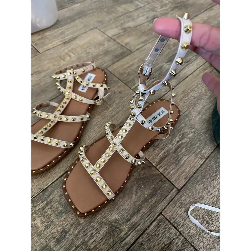 Steve Madden Women's Cream Sunnie Studded Gladiator Flat Sandals Size 8
